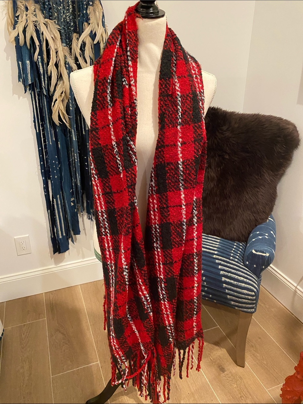 Cozy Red & Black Plaid Fringe Scarf Wrap